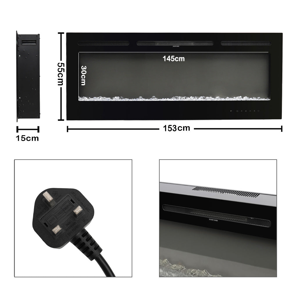 60 Inch Wall Recessed Dimmable LED Electric Fireplace Log Crystal Flame Remote
