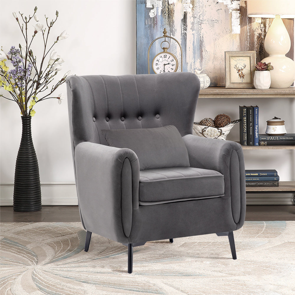 Velvet Lounge Accent Armchair Wingback Tufted Sofa with Pillow