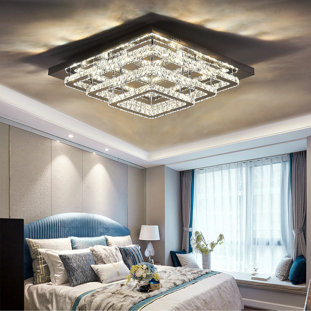 Square 86W Cool White/Dimmable LED Ceiling Light Crystal Flush Chandelier Pendant