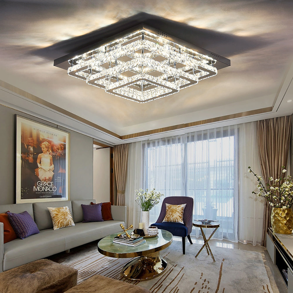 Square 86W Cool White/Dimmable LED Ceiling Light Crystal Flush Chandelier Pendant