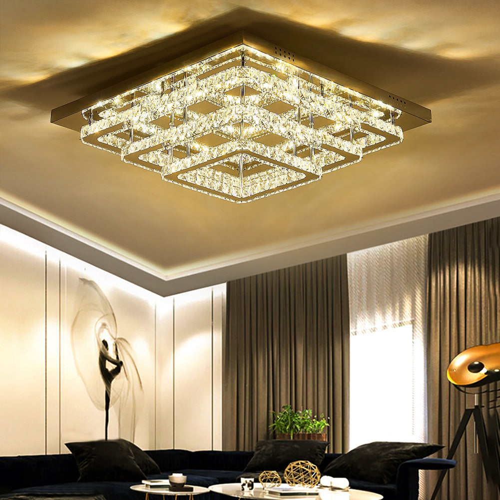 Square 86W Cool White/Dimmable LED Ceiling Light Crystal Flush Chandelier Pendant