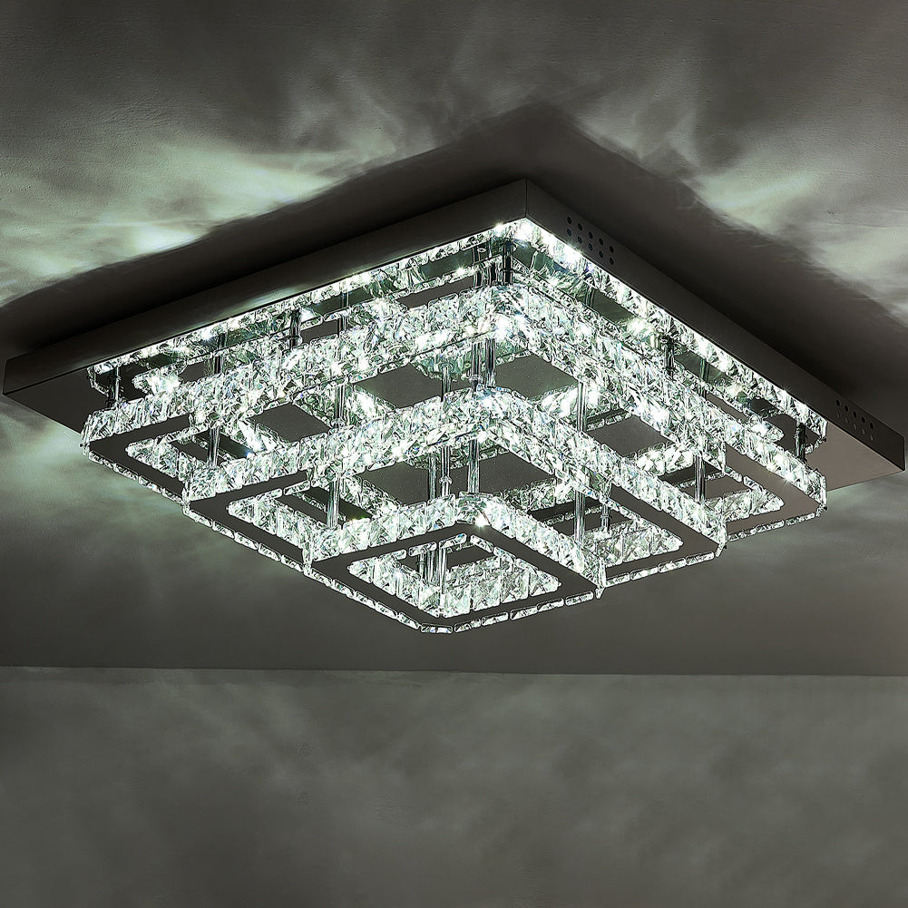 96W Cool White/Dimmable LED Ceiling Light Square Stainless Steel Crystal Flush Chandelier