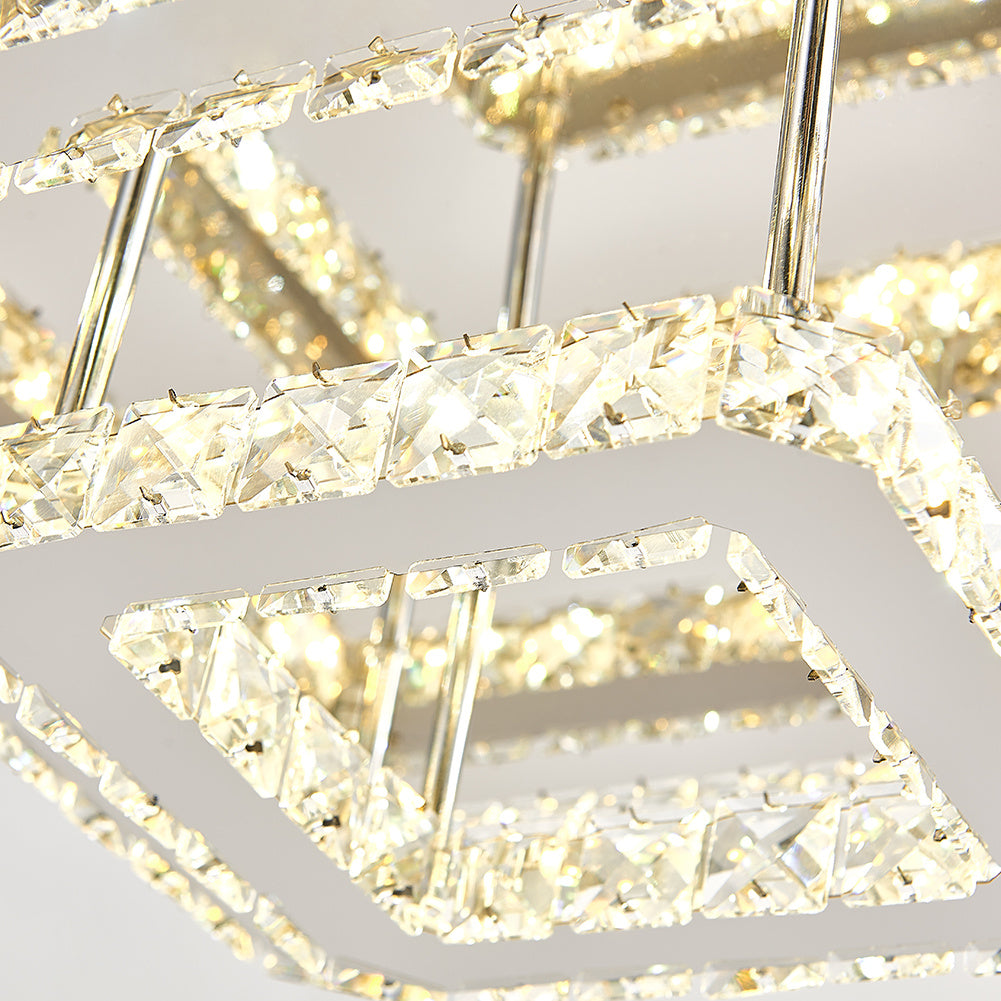 96W Cool White/Dimmable LED Ceiling Light Square Stainless Steel Crystal Flush Chandelier