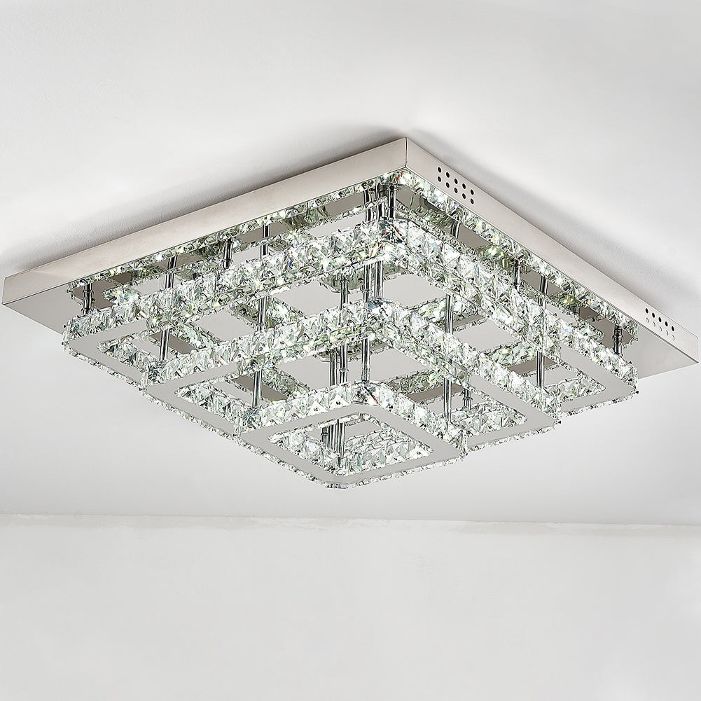 96W Cool White/Dimmable LED Ceiling Light Square Stainless Steel Crystal Flush Chandelier
