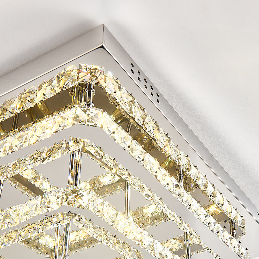 96W Cool White/Dimmable LED Ceiling Light Square Stainless Steel Crystal Flush Chandelier