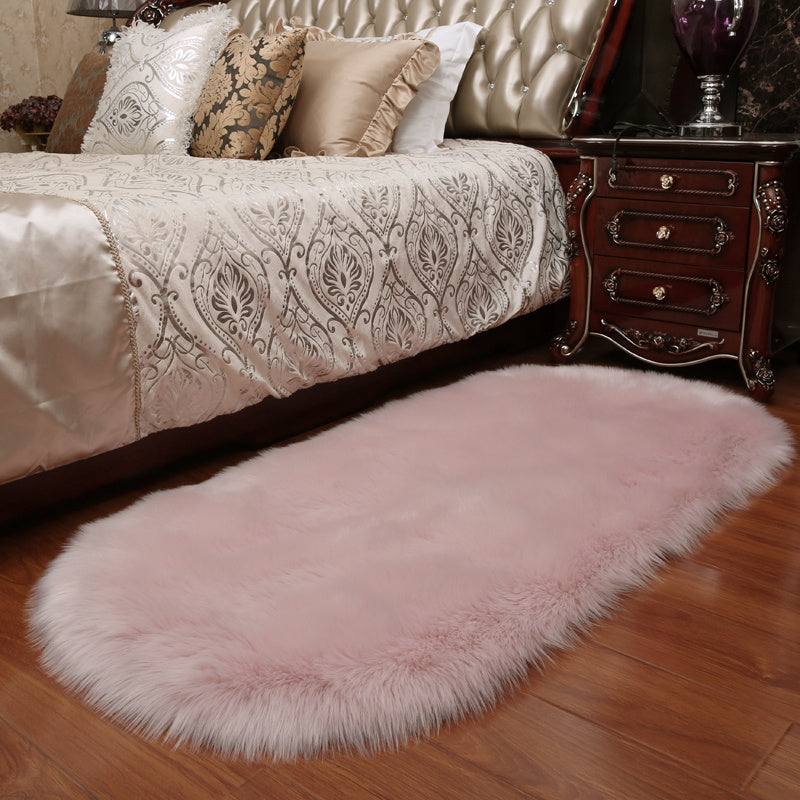Oval Plain Fluffy Faux Fur Shaggy Area Rug Living Room Carpet Floor Mat