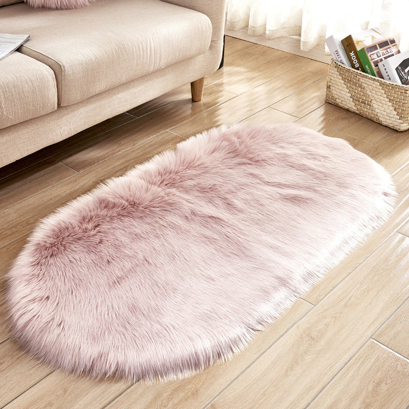 Oval Plain Fluffy Faux Fur Shaggy Area Rug Living Room Carpet Floor Mat