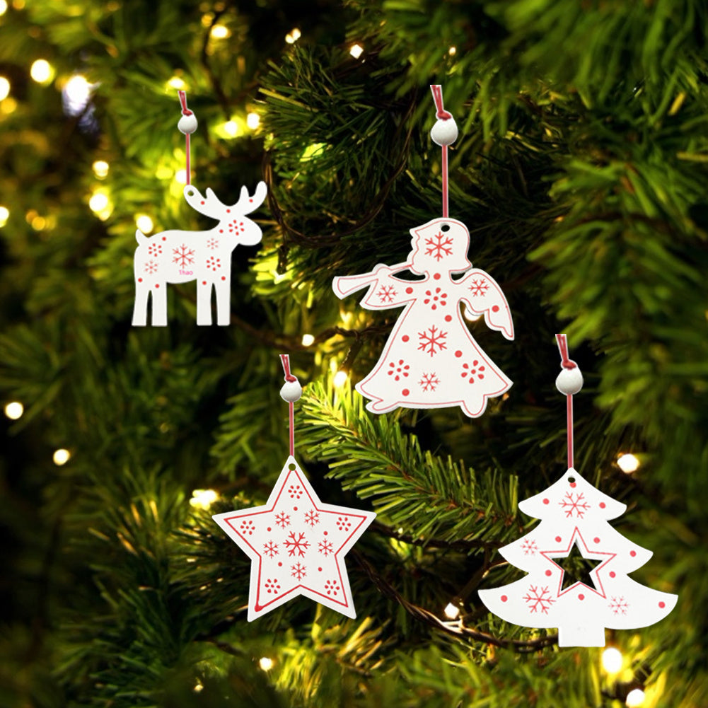 4pcs Wood Christmas Tree Cartoon Angel Deer Tree Pentagram Decor