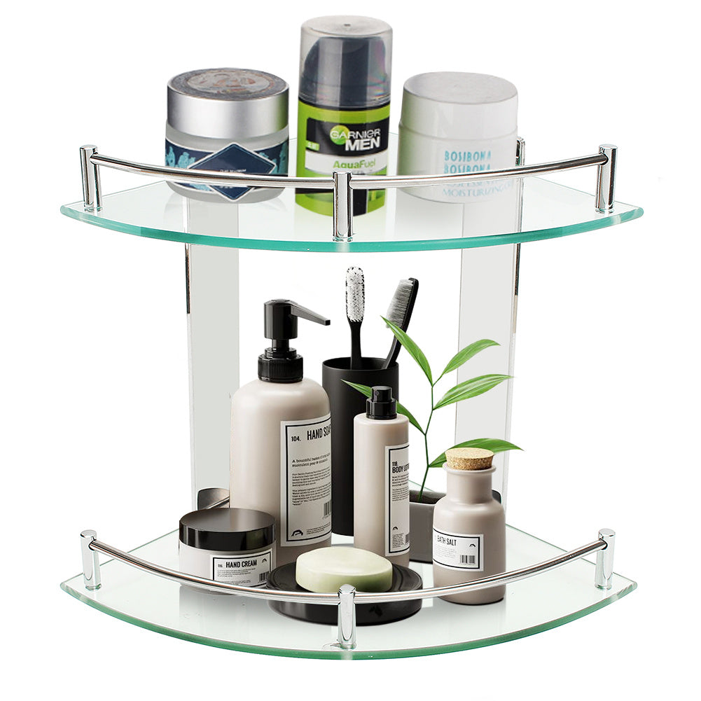 2 Tier Wall Mounted Bathroom Corner Shelf Caddy Glass Shower Storage Shelving