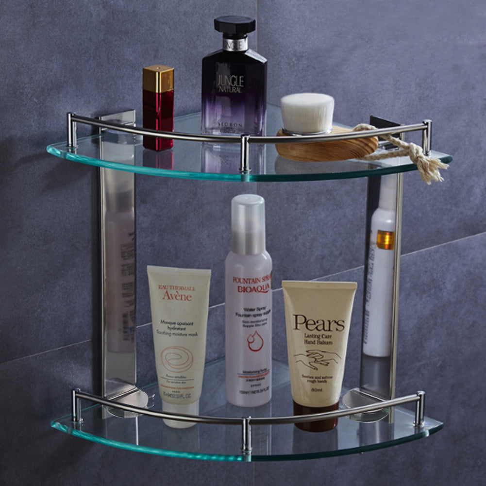 2 Tier Wall Mounted Bathroom Corner Shelf Caddy Glass Shower Storage Shelving