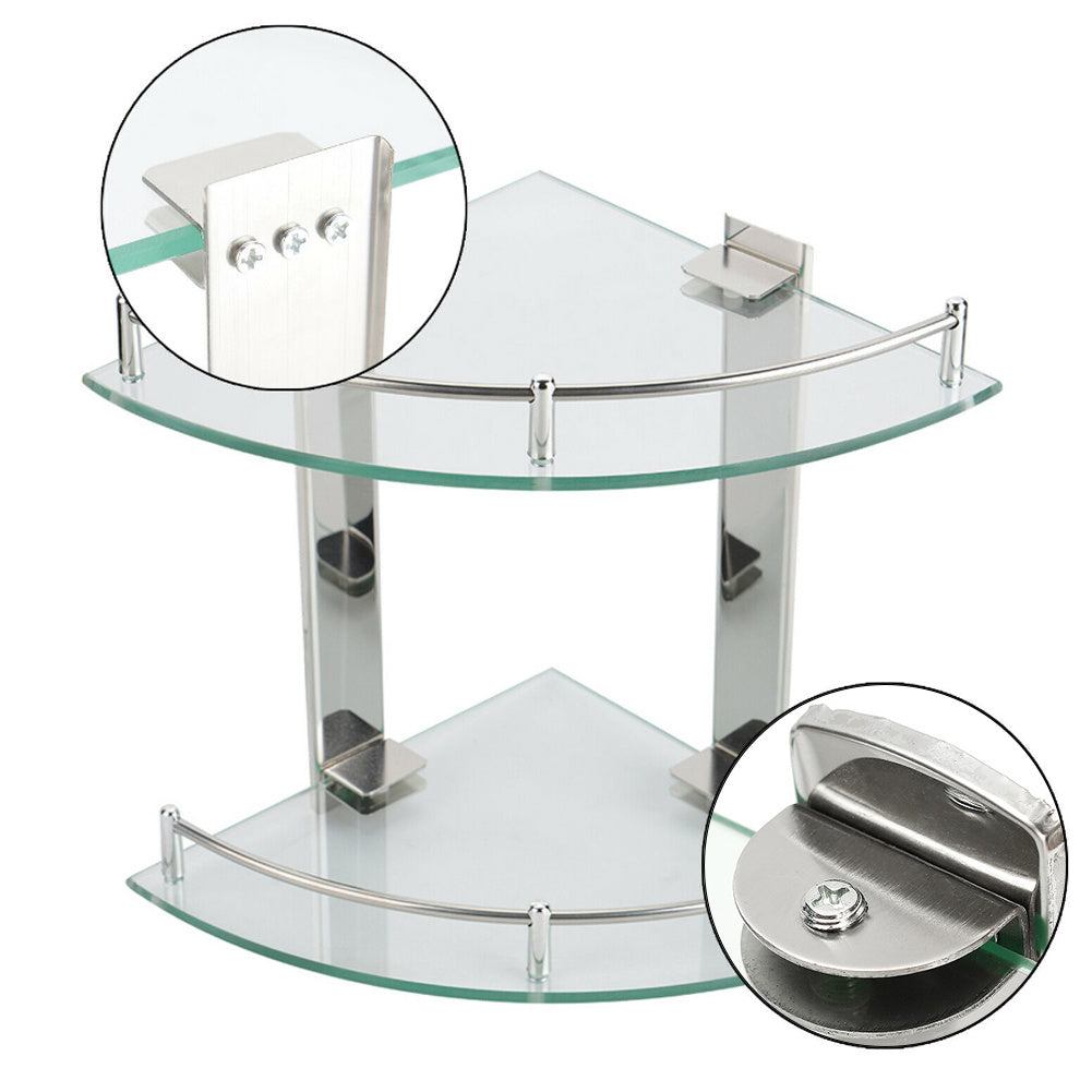 2 Tier Wall Mounted Bathroom Corner Shelf Caddy Glass Shower Storage Shelving