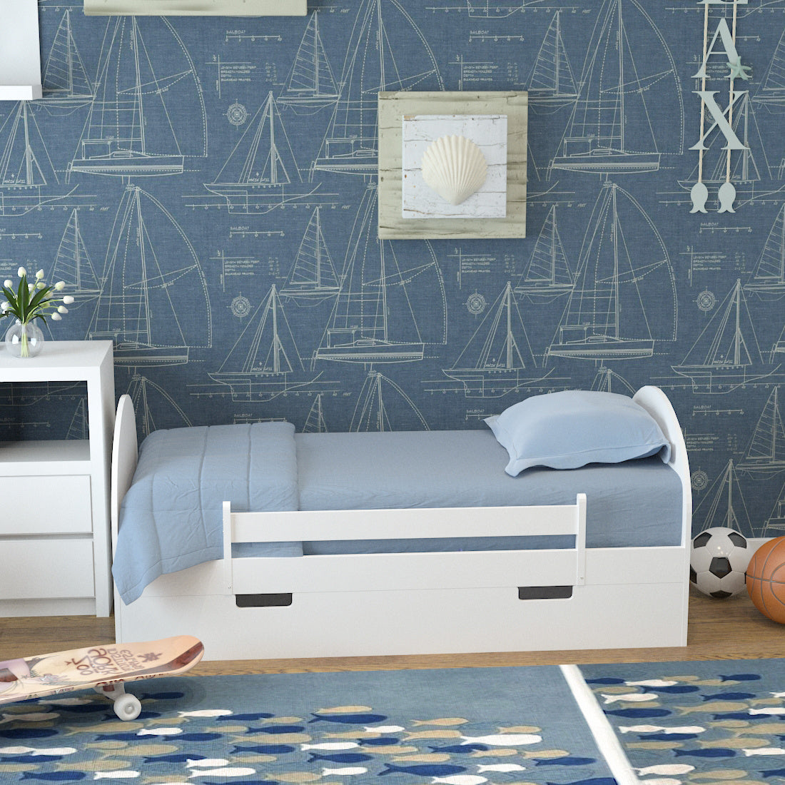 Solid Pine Wood Kids Children Bed Frame Drawers & Safety Rails