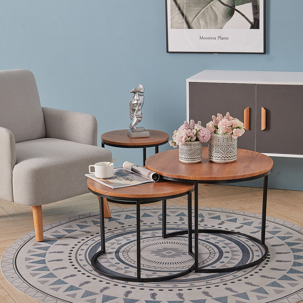3 Pieces Nest of Tables Industrial Round Nesting Coffee Tables
