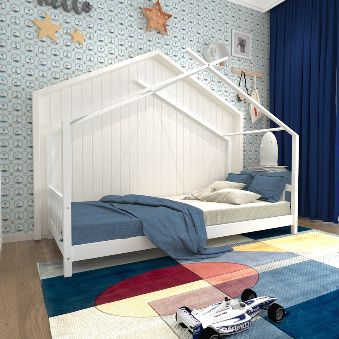 Pine Wood Kids Children Large Single Bed House Bed Frame