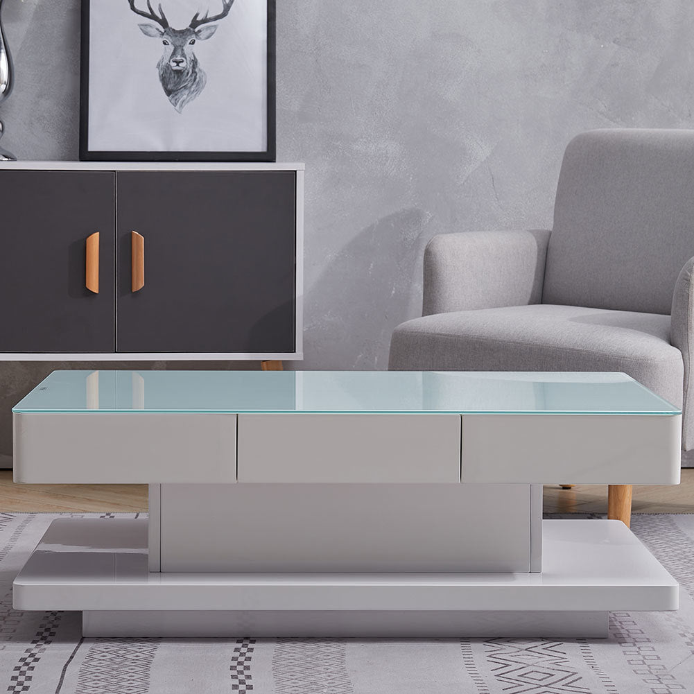 High Gloss Top Tempered Glass Coffee Table White Base End Table With 2 Drawers