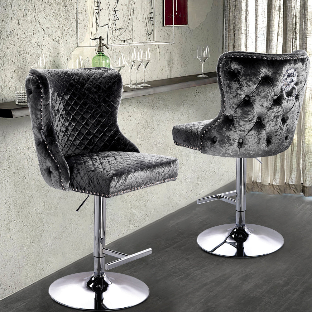Crushed Velvet Padded Bar Stool Swivel Gas Lift Tufted Pub Stool