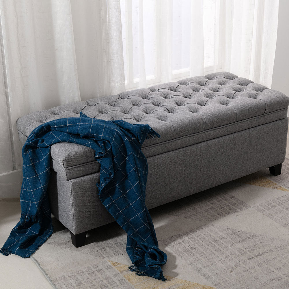 Chesterfield Linen Bed End Bench Upholstered Tufted Storage Ottoman Window Seat