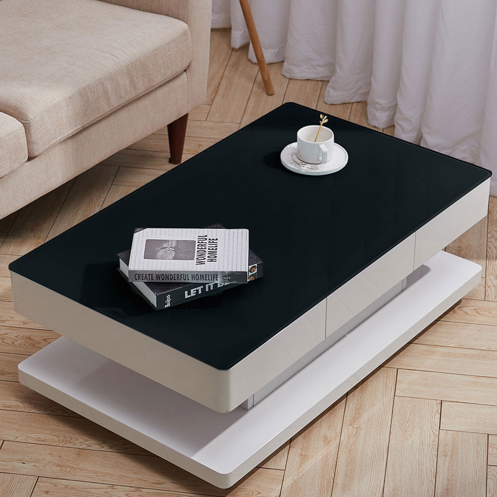 High Gloss Top Tempered Glass Coffee Table White Base End Table With 2 Drawers