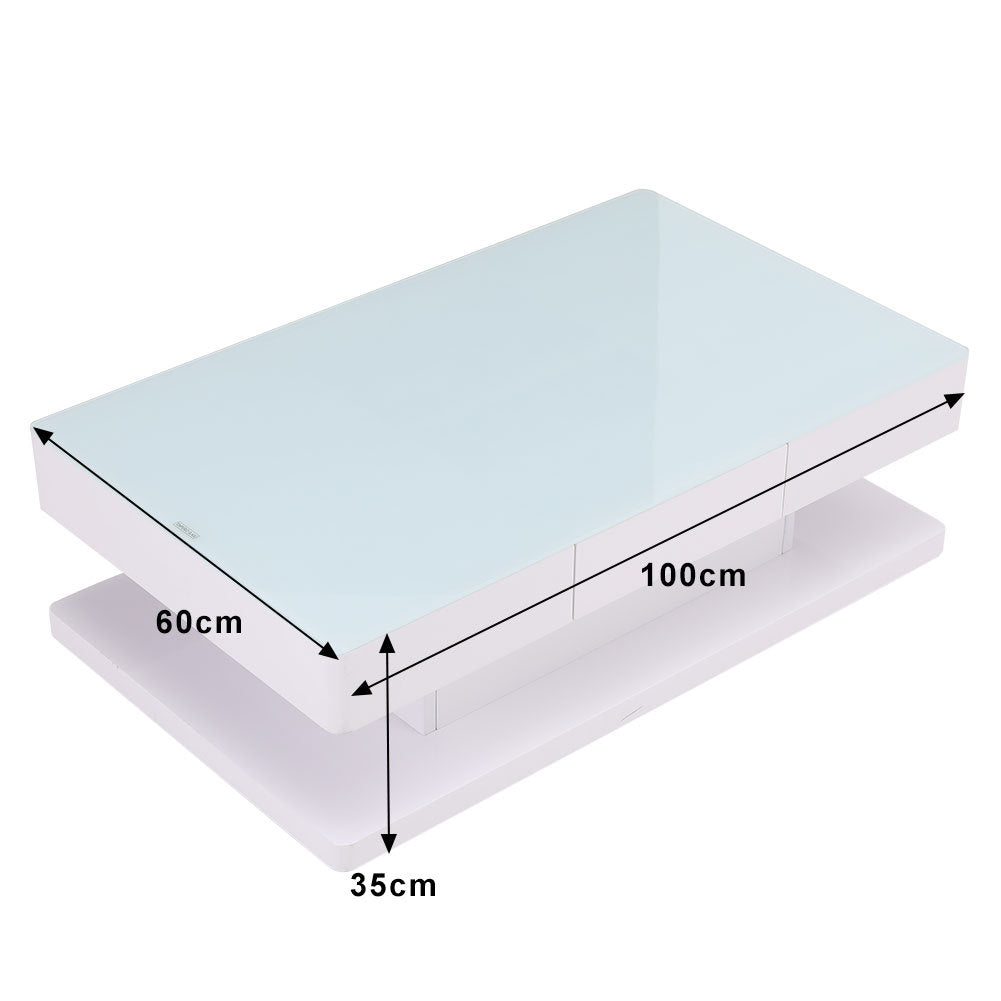 High Gloss Top Tempered Glass Coffee Table White Base End Table With 2 Drawers