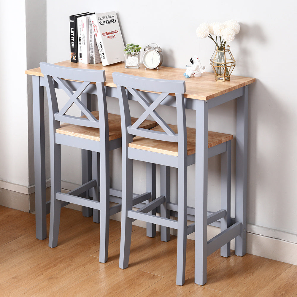 3 Piece Pine Pub Bar Table Set Kitchen Counter Height Table Set with 2 Stools