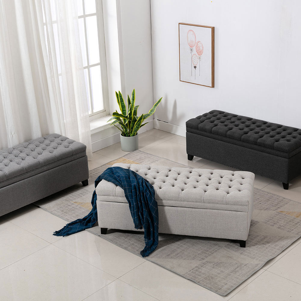 Chesterfield Linen Bed End Bench Upholstered Tufted Storage Ottoman Window Seat