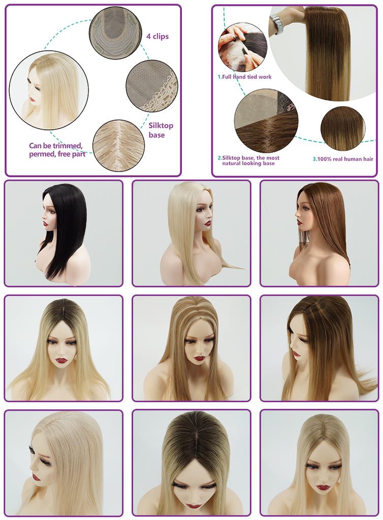 human hair toppers 6x6.5inch silk top base with wefted back virgin remy human hair hand tied hair system hair replacement free part comfortable breathable long time realistic