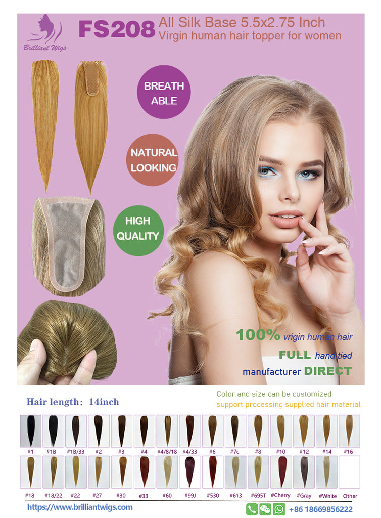 5.5x2.75 inch Full Silk Base Virgin Human Hair Topper 100% Hand-Tied 150% Density