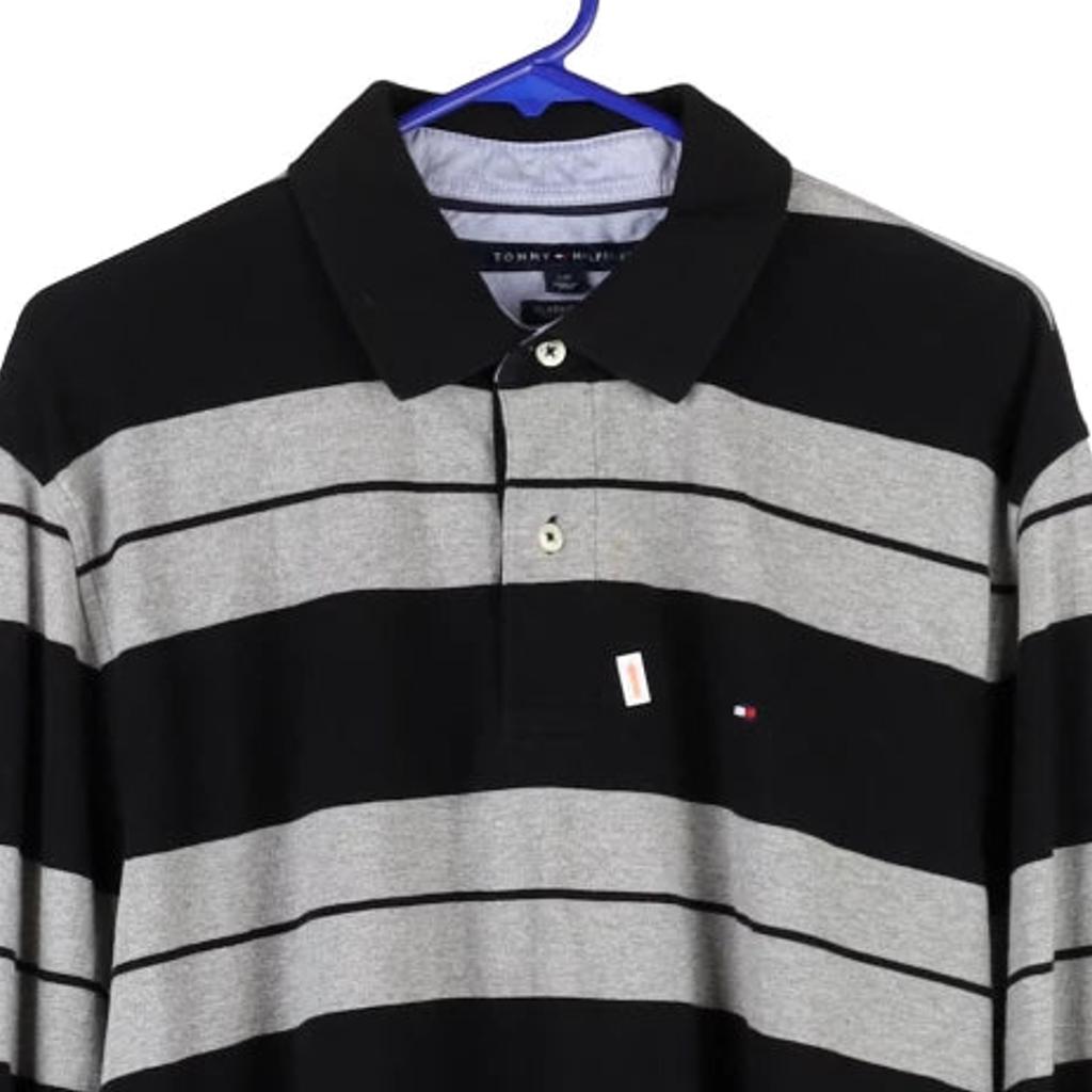 Tommy Hilfiger Striped Long Sleeve Polo Shirt - Large Grey Cotton