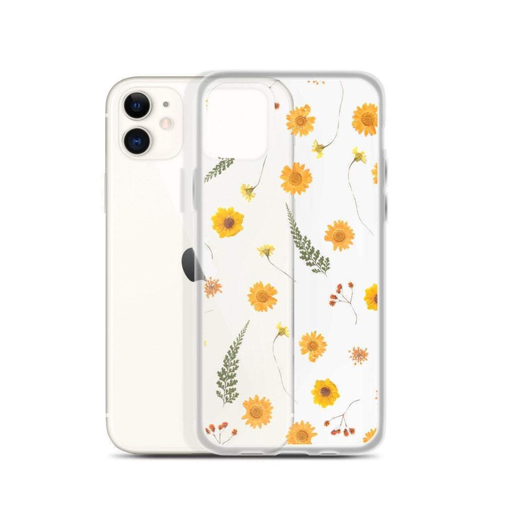 Orange Pressed Wild Flower Print Clear Phone Case