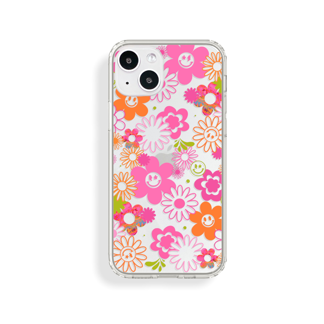 Retro Smiley Face Daisies Clear Phone Case