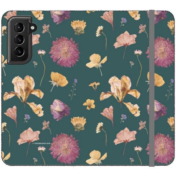 Teal Pressed Flowers Print Wallet Phone Case