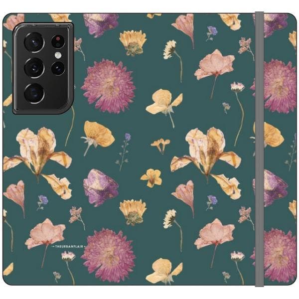 Teal Pressed Flowers Print Wallet Phone Case