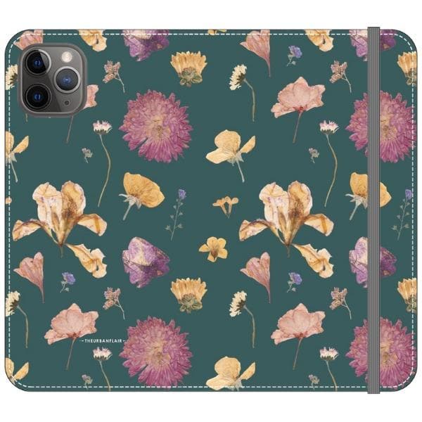 Teal Pressed Flowers Print Wallet Phone Case