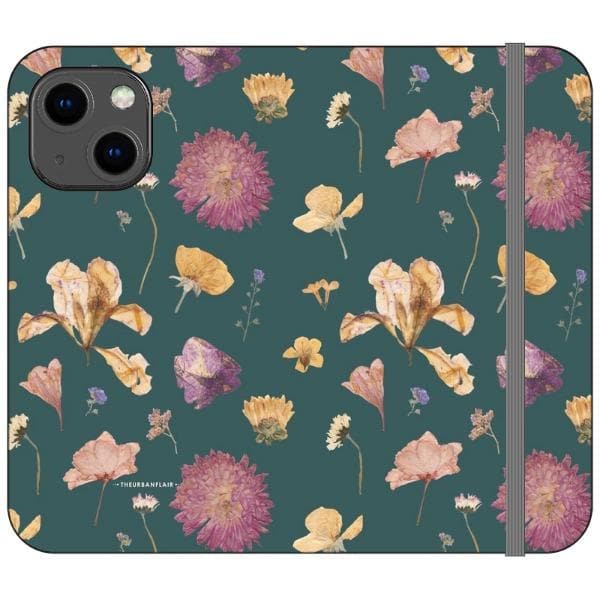 Teal Pressed Flowers Print Wallet Phone Case