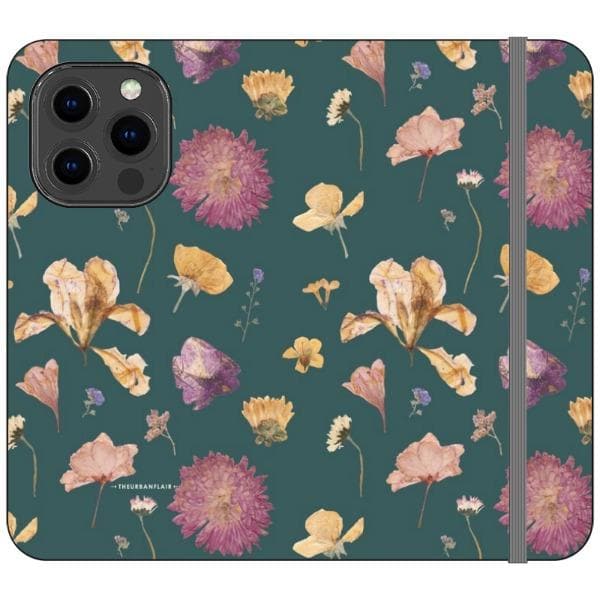 Teal Pressed Flowers Print Wallet Phone Case