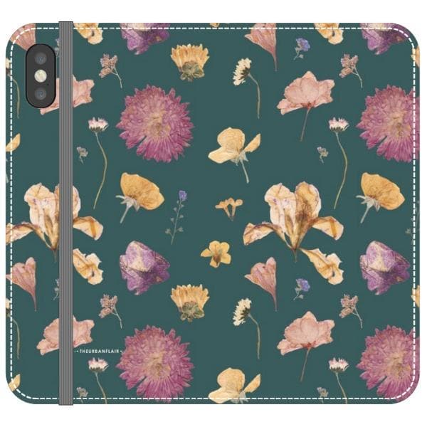 Teal Pressed Flowers Print Wallet Phone Case