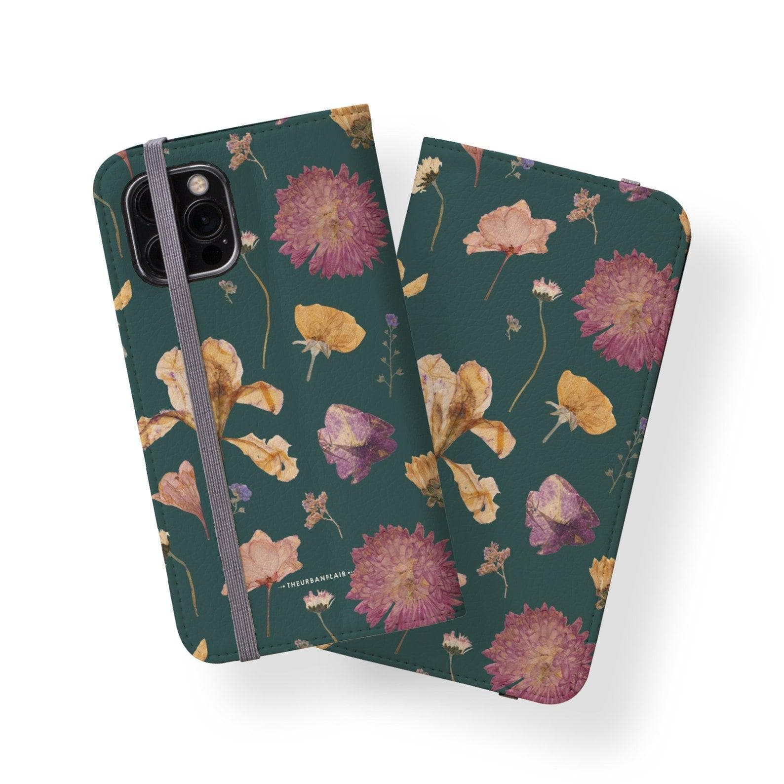 Teal Pressed Flowers Print Wallet Phone Case