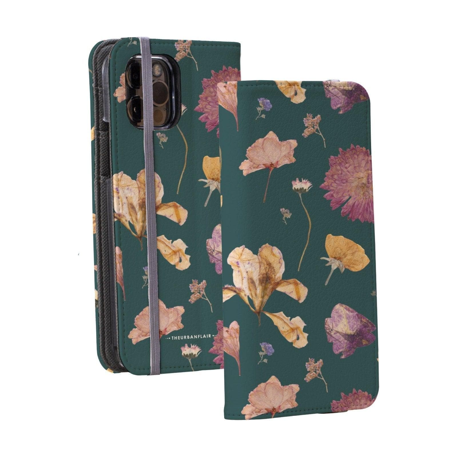 Teal Pressed Flowers Print Wallet Phone Case