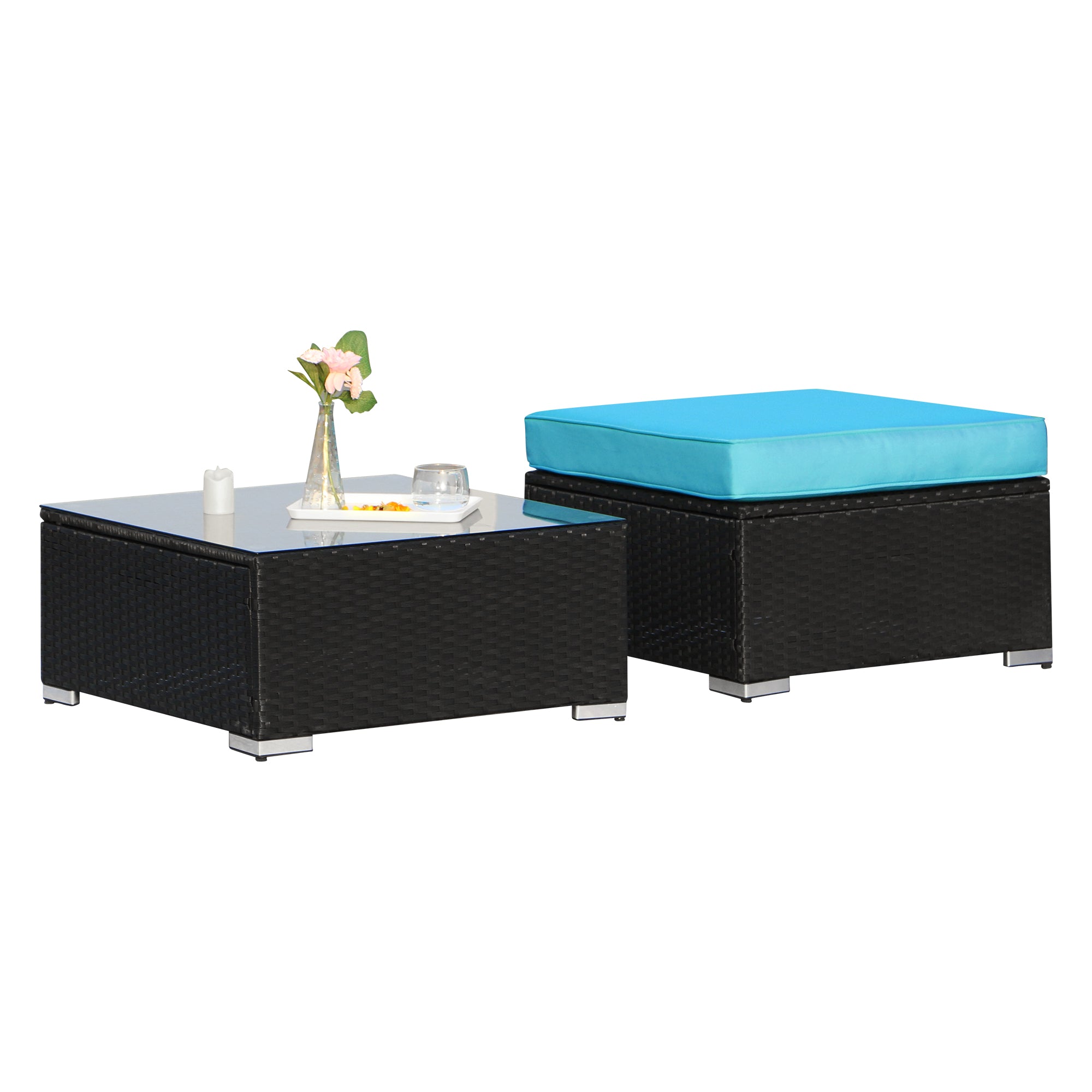 2 Pieces Sectional Ottoman with Coffee Table, Turquoise Cushions