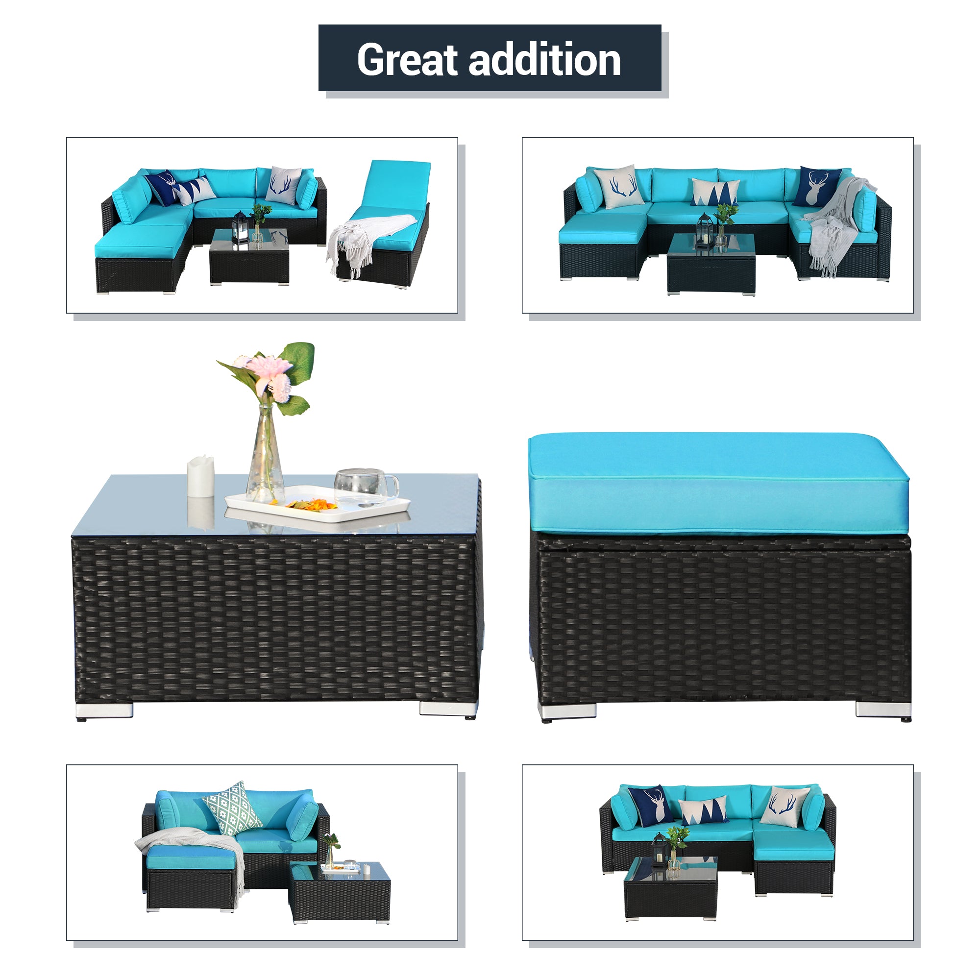 2 Pieces Sectional Ottoman with Coffee Table, Turquoise Cushions