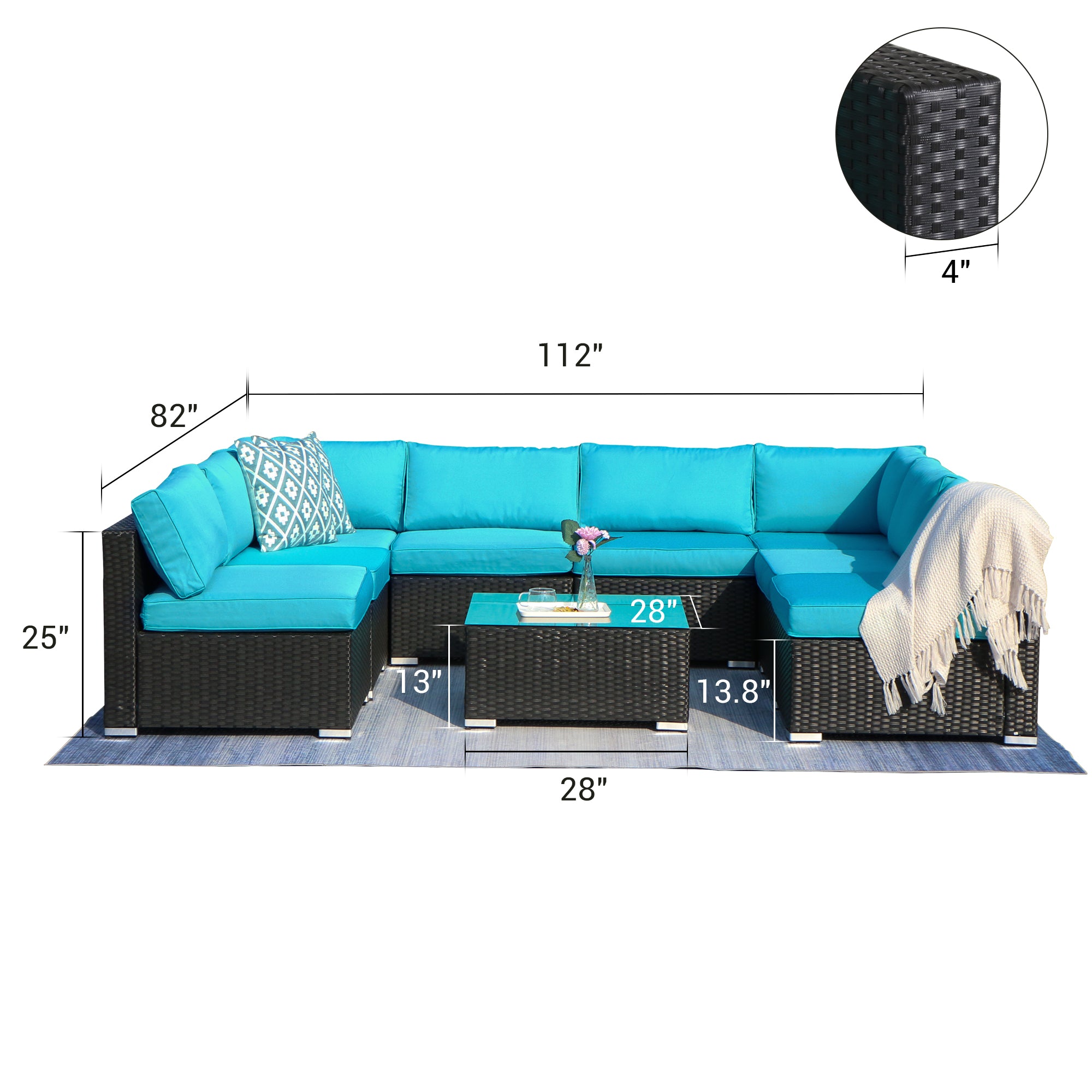 9 Piece Rattan Conversation Set with Coffee Table, Turquoise Cushions