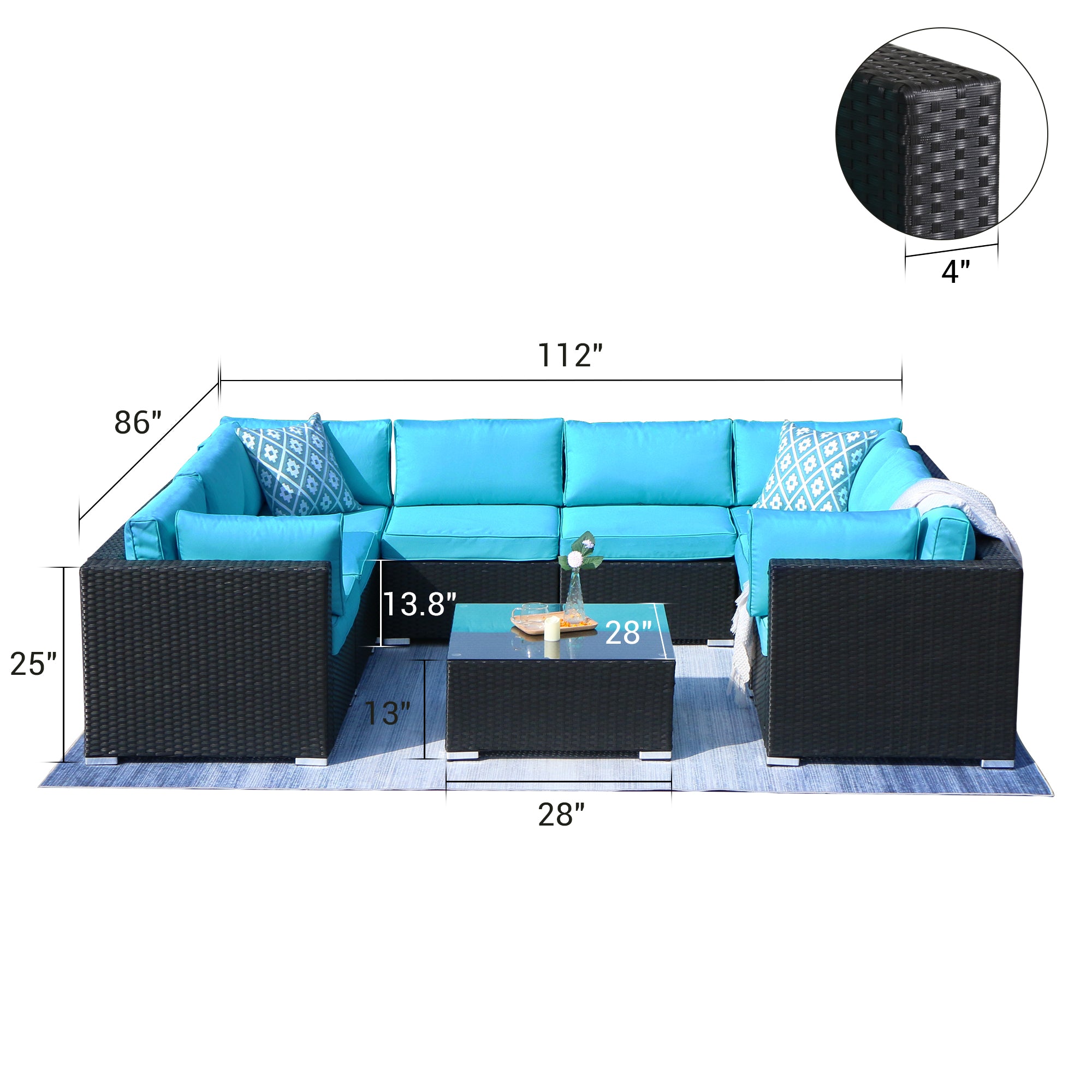 9 Piece Outdoor Conversation Rattan Sofa, with Coffee Table, Turquoise Cushions