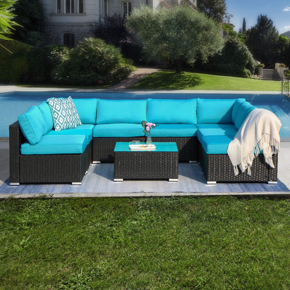 9 Piece Rattan Conversation Set with Coffee Table, Turquoise Cushions