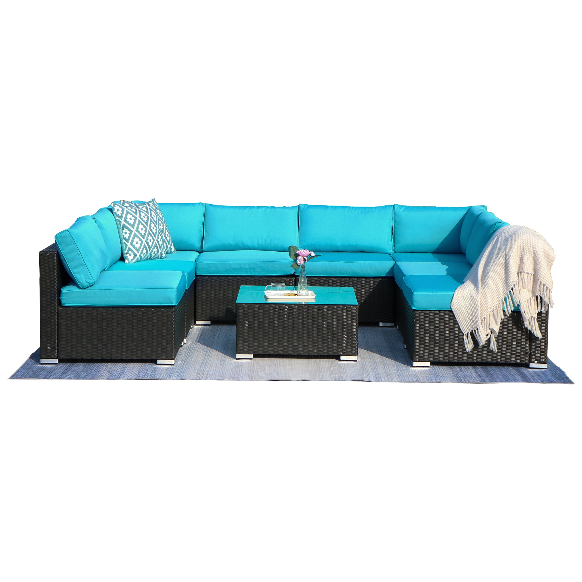 9 Piece Rattan Conversation Set with Coffee Table, Turquoise Cushions