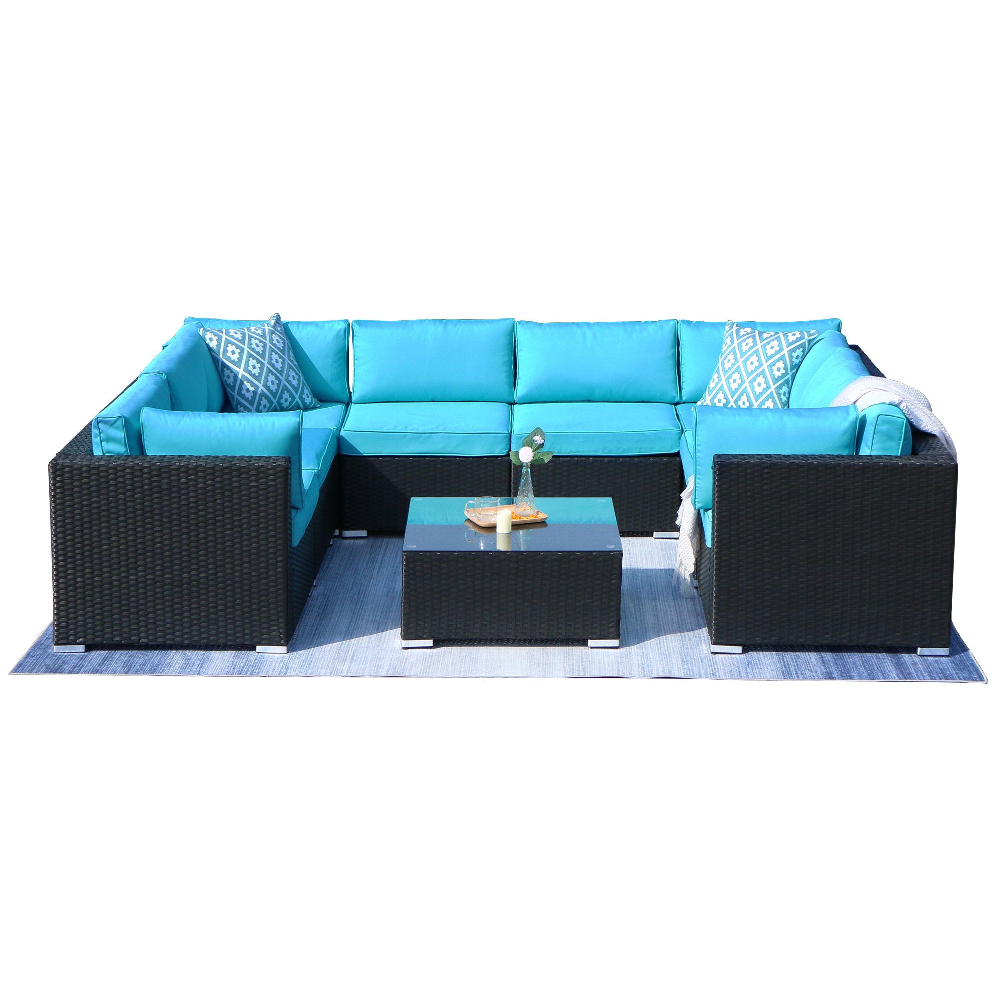 9 Piece Outdoor Conversation Rattan Sofa, with Coffee Table, Turquoise Cushions