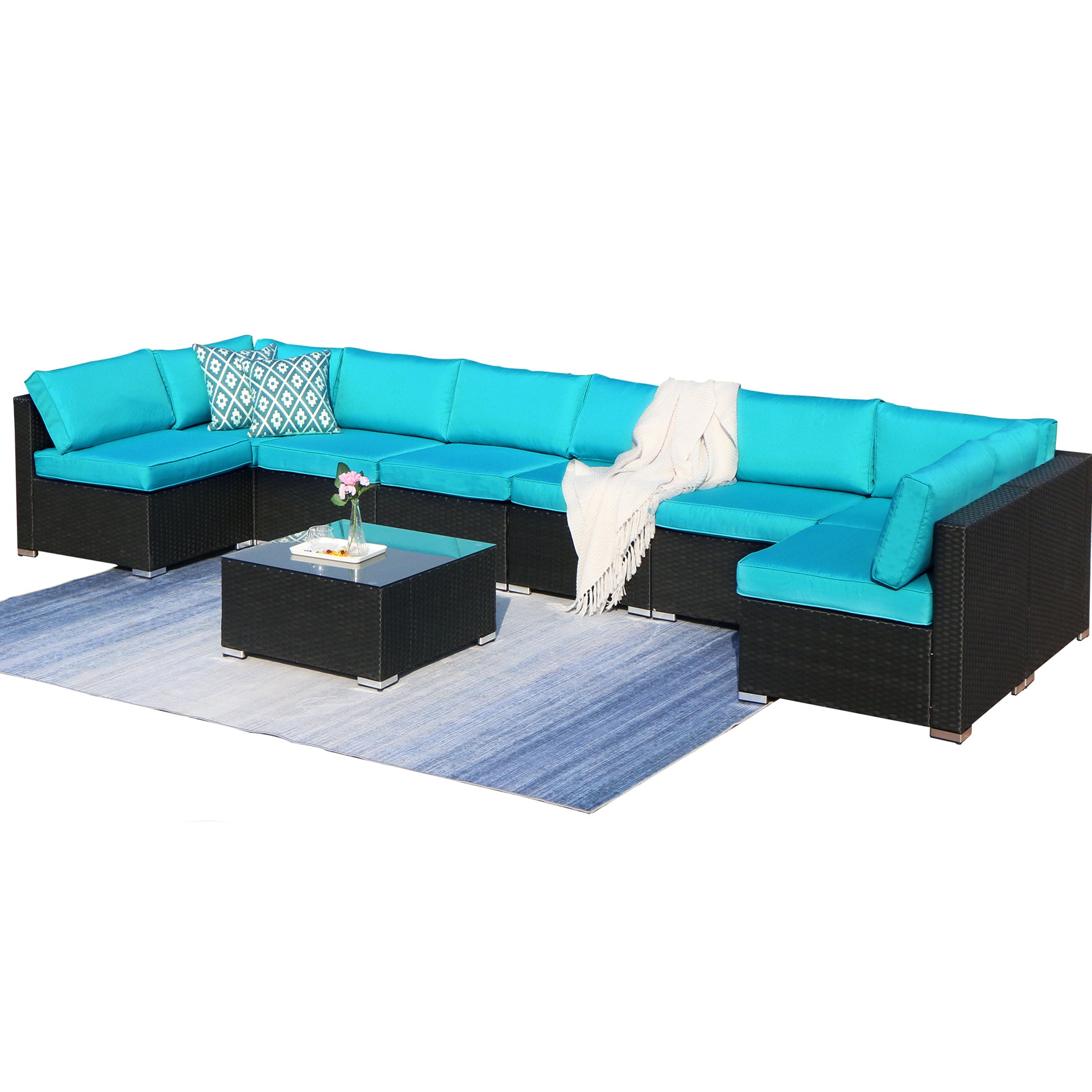 9 Piece Rattan Conversation Set with Coffee Table, Turquoise Cushions