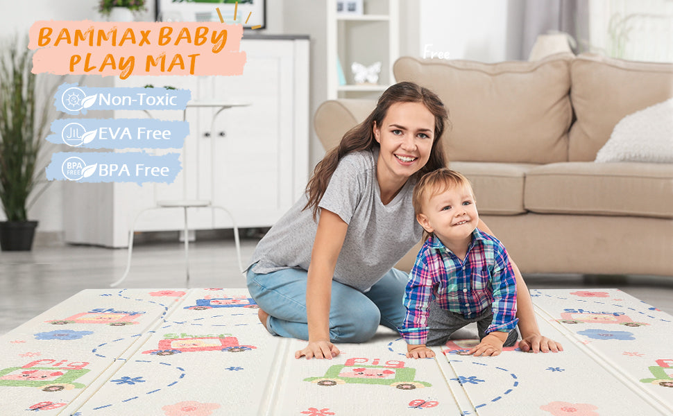 Bammax Baby Play Mat, Reversible Foldable Baby Play Mat, Extra Large Baby Crawling Mat, Waterproof Foam Floor Mat, Non-Toxic XPE Foam, Anti-Slip Folding Mat for Infant, Kids, Toddler, BPA-Free, with Carry Bag, 78"x70"x0.4"