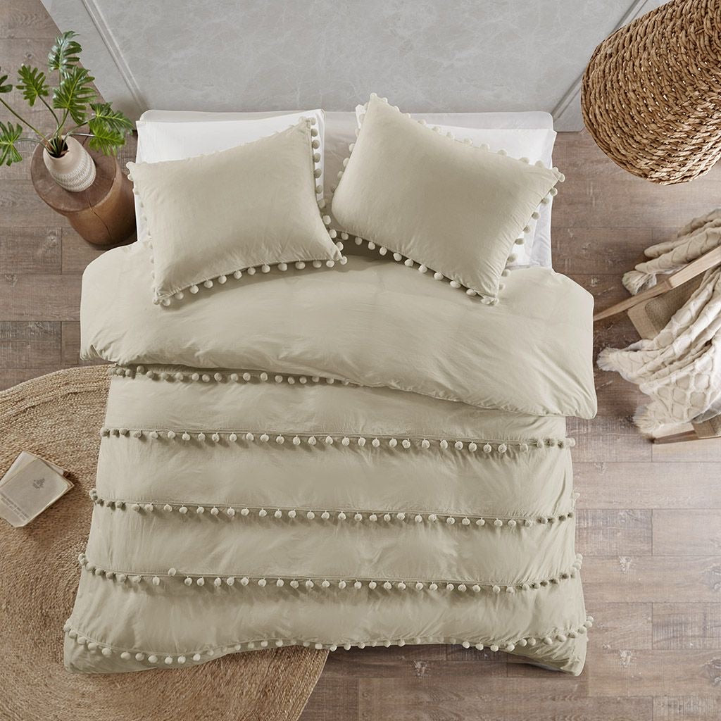 Madison Park Leona Full/Queen 3-Pc. PomPom Cotton Duvet Cover Set, Taupe