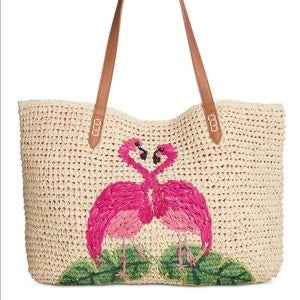 INC Tropical Straw Tote, Flamingo