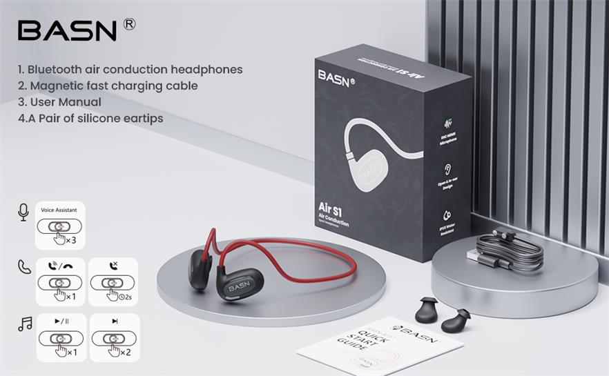 BASN AirS1 Open Ear Bluetooth 5.3 Air Conduction Headphones basn in ear monitor headphone for musician singer drummer shure iem westone earphone KZ in ear sennheiser custom in ear factory and manufacturer OEM ODM supplier and agent